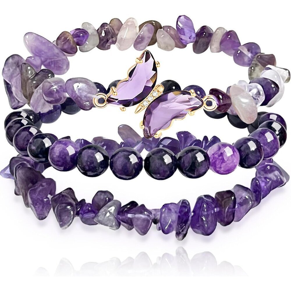 3-Pack Amethyst Healing Beaded Bracelets Women Gift Mom Wife Daughter Sister